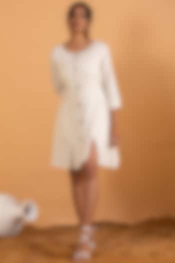 White Linen Blend Embroidered Mini A-line Dress by Savaaya