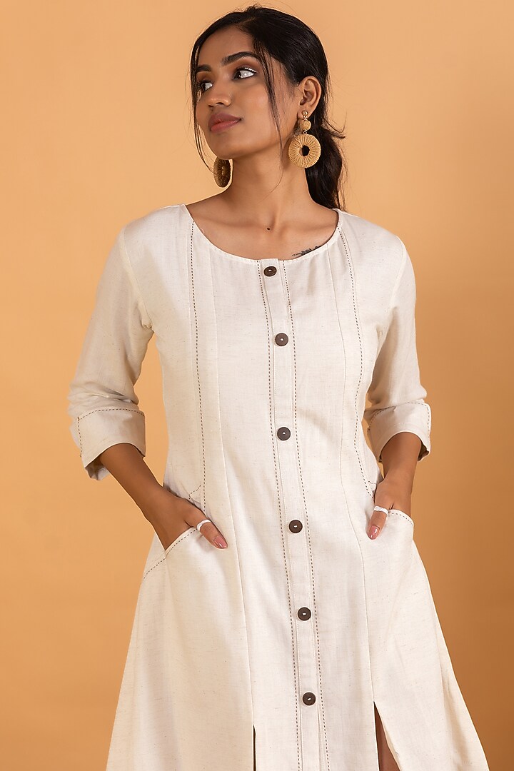 White Linen Blend Embroidered Mini A-line Summer Dress by Savaaya at Pernia's Pop Up Shop