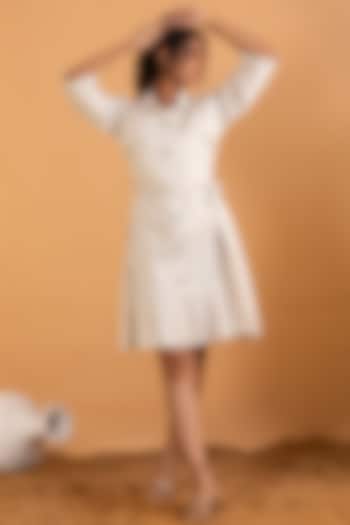 White Linen Blend Embroidered Knee-Length Dress by Savaaya