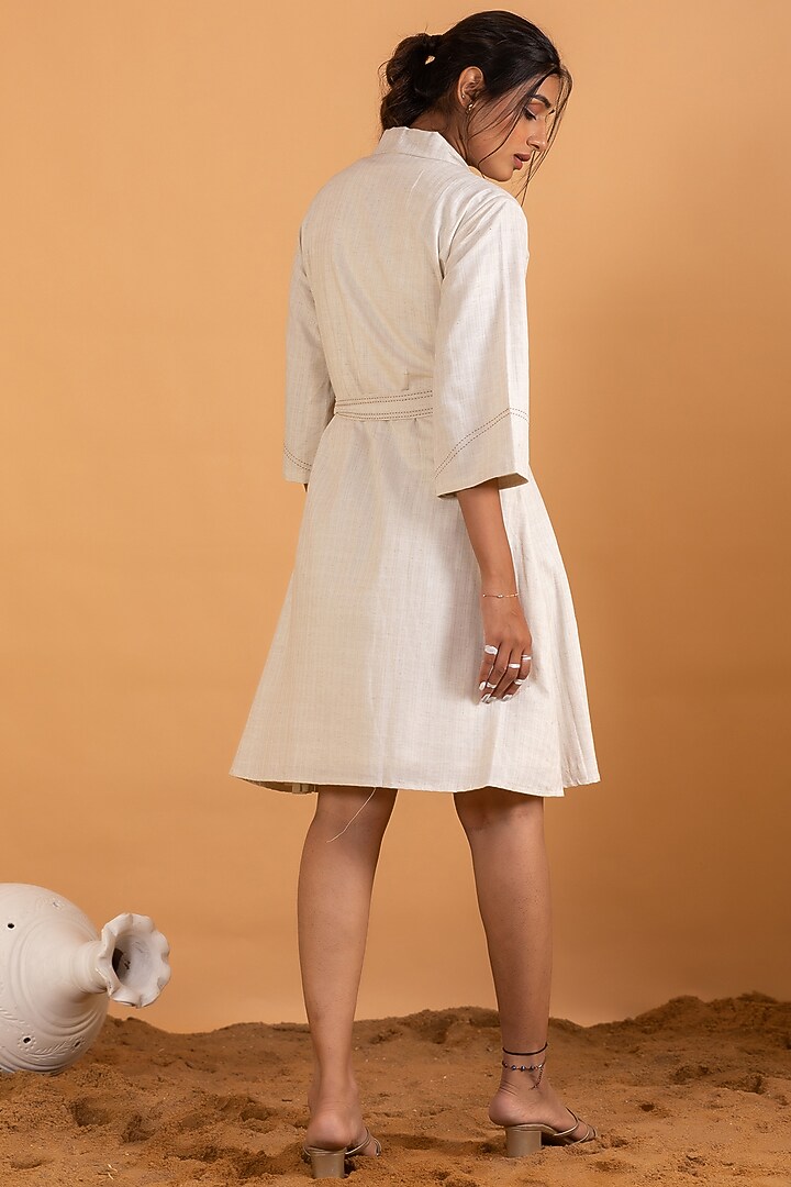 White Linen Blend Embroidered Knee-Length Summer Dress by Savaaya at Pernia's Pop Up Shop