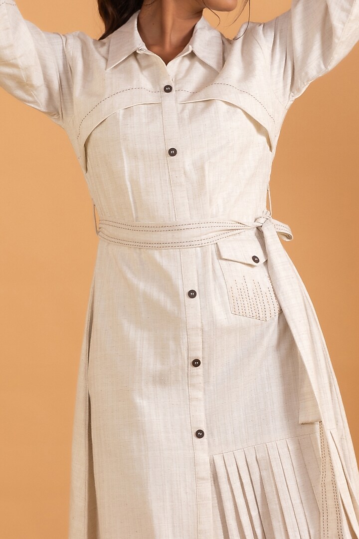 White Linen Blend Embroidered Knee-Length Summer Dress by Savaaya at Pernia's Pop Up Shop