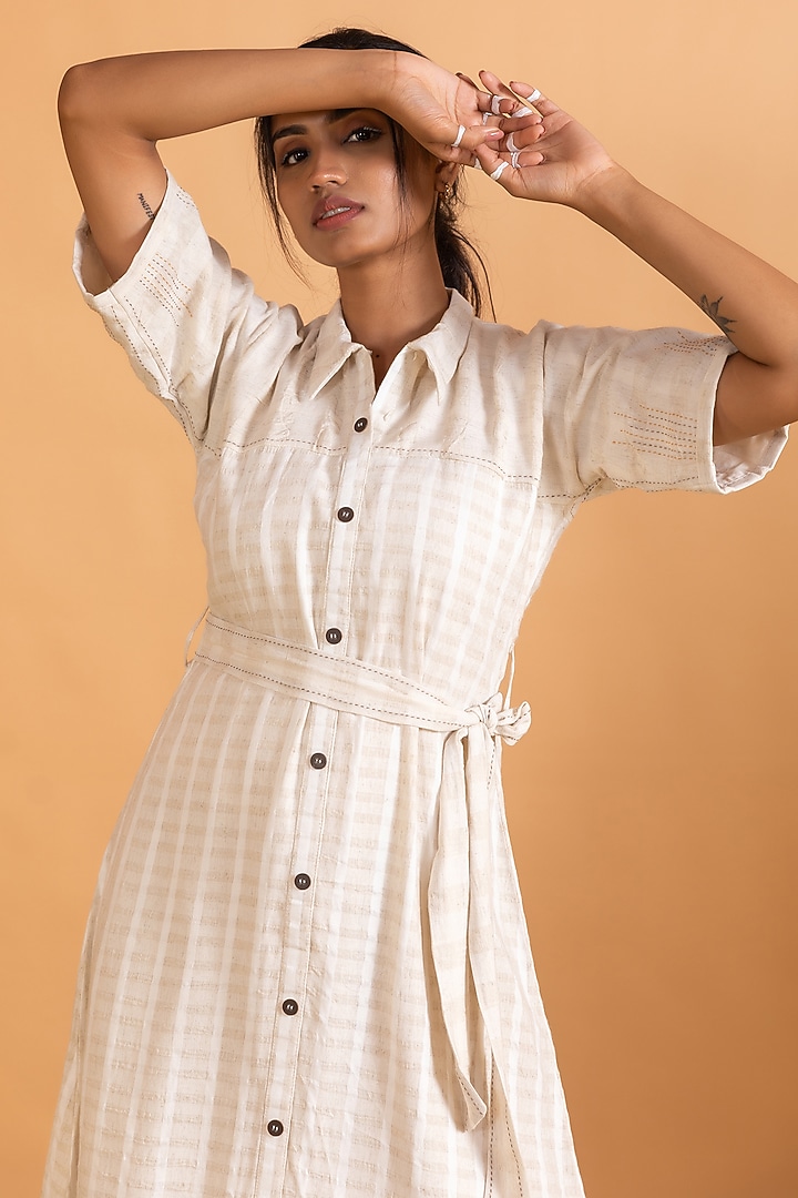 White Linen Blend Embroidered Knee-Length Summer Dress by Savaaya at Pernia's Pop Up Shop