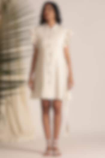 Beige Linen Blend Embroidered Mini Dress by Savaaya