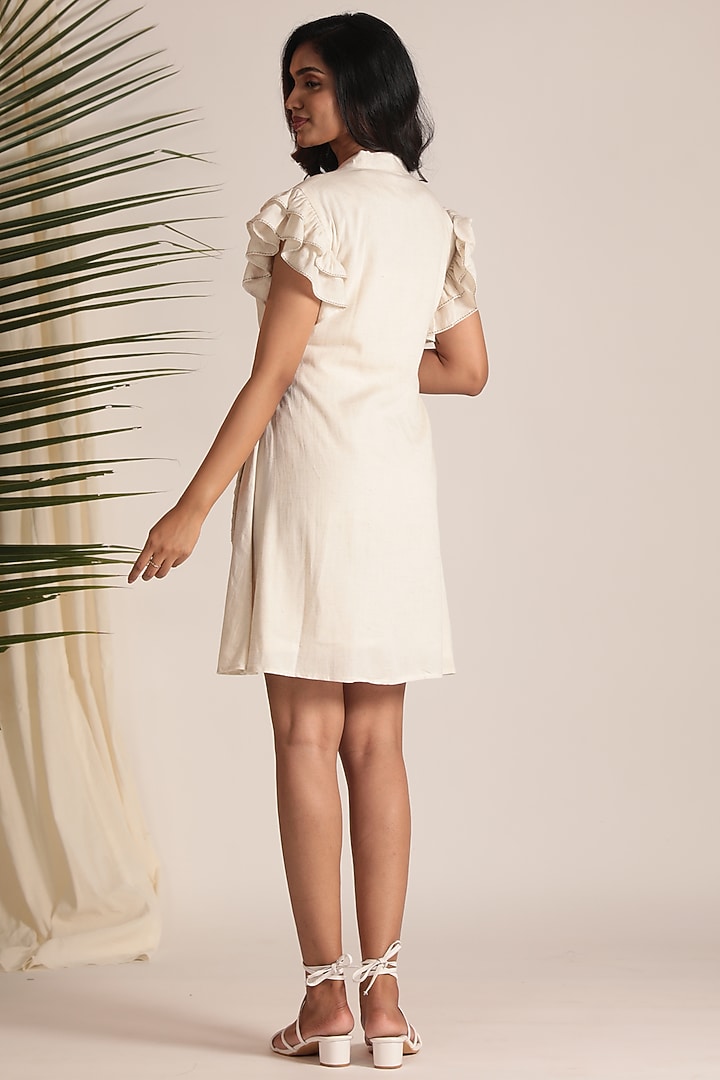 Beige Linen Blend Embroidered Mini Summer Dress by Savaaya at Pernia's Pop Up Shop
