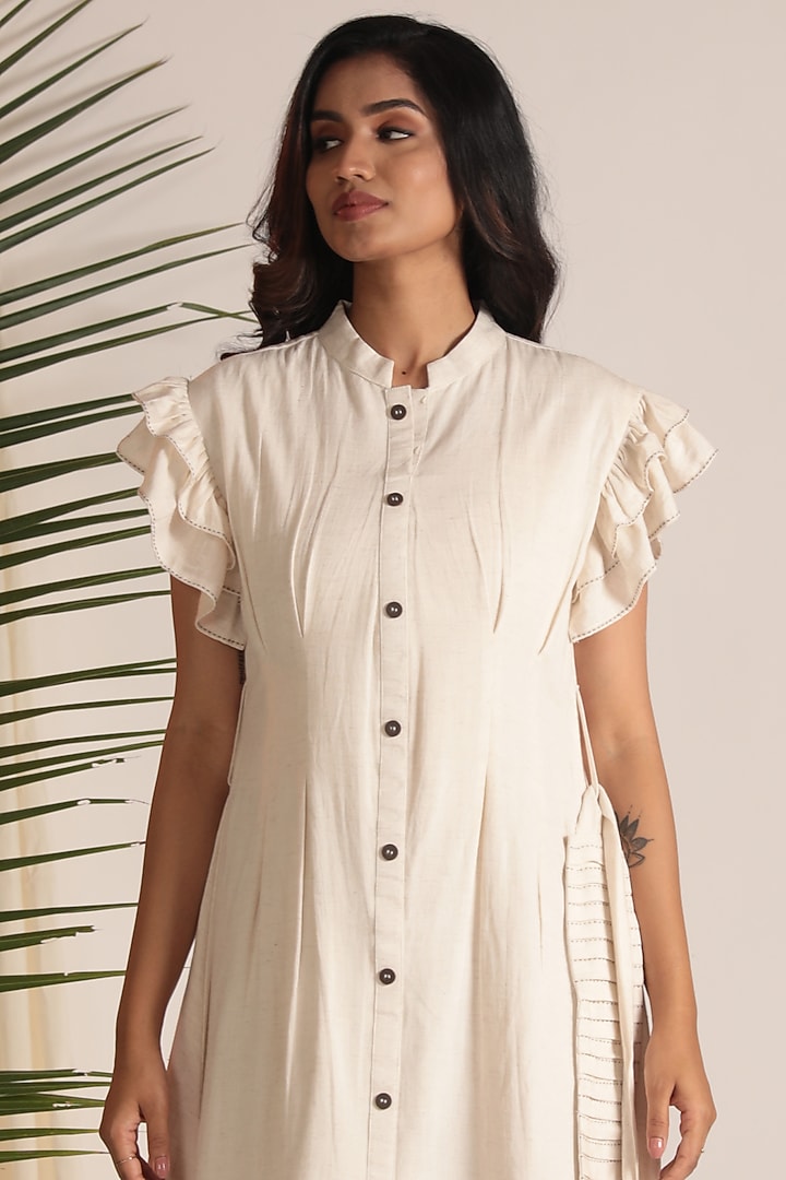 Beige Linen Blend Embroidered Mini Summer Dress by Savaaya at Pernia's Pop Up Shop