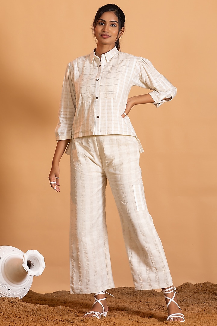 White Linen Blend Embroidered Co-Ord Set by Savaaya