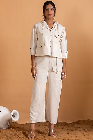 White Linen Blend Embroidered Co-Ord Set by Savaaya