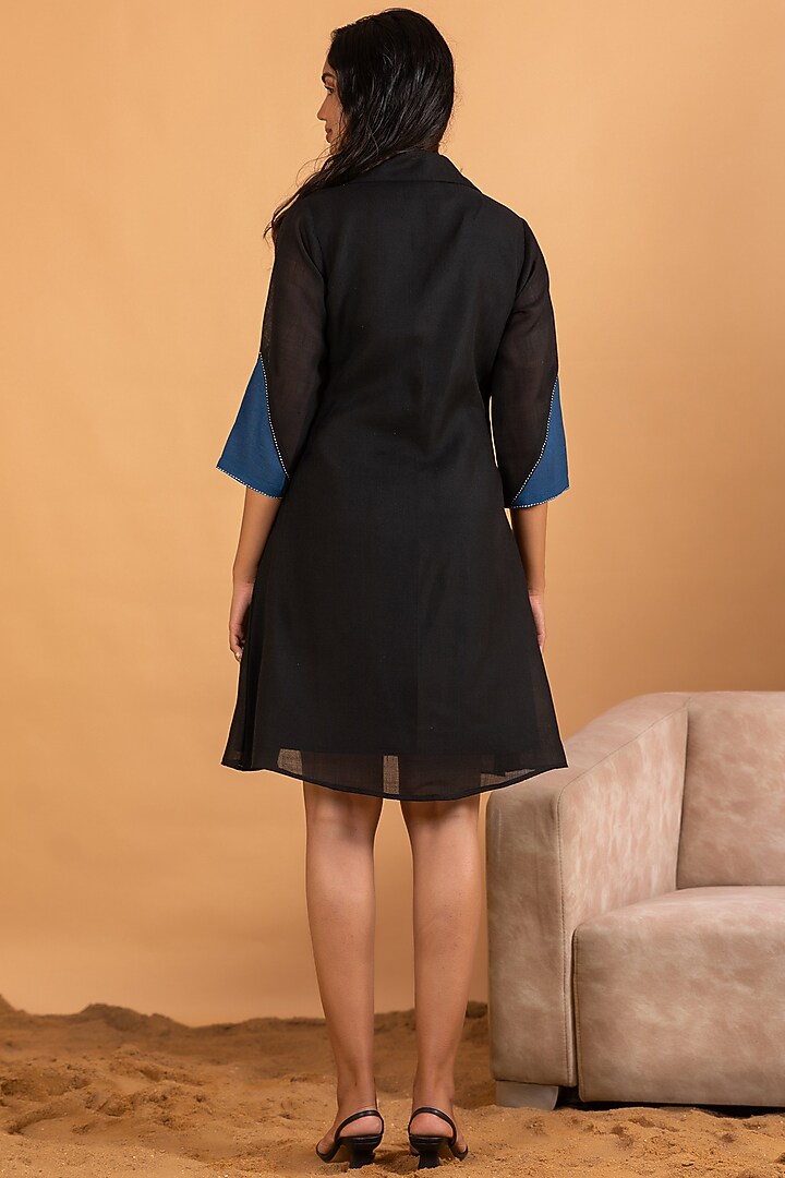 Black Linen Blend Embroidered Mini Summer Dress by Savaaya at Pernia's Pop Up Shop
