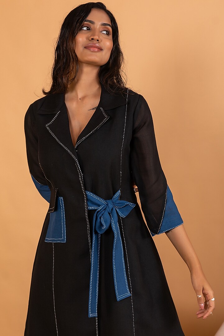 Black Linen Blend Embroidered Mini Summer Dress by Savaaya at Pernia's Pop Up Shop