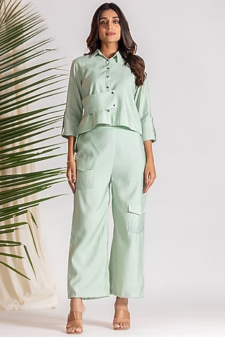 Light Green Chanderi Blend Embroidered Co-Ord Set by Savaaya