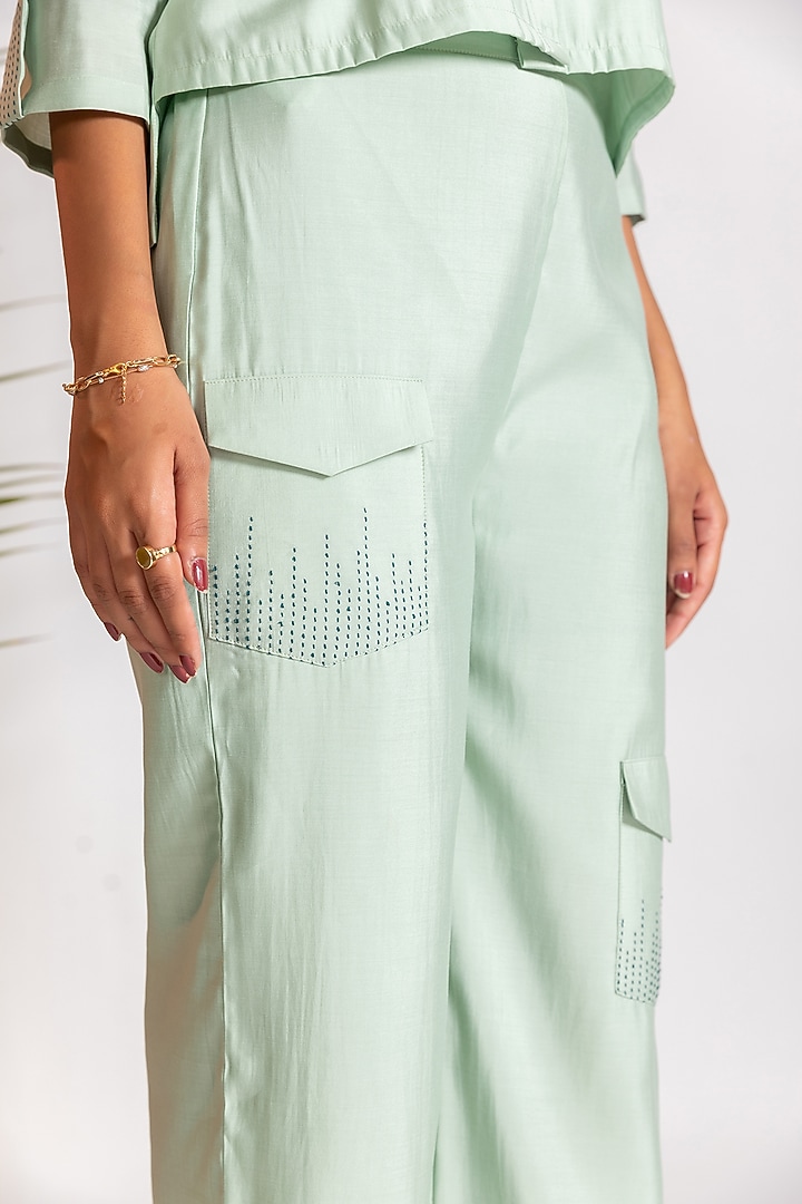 Light Green Chanderi Blend Embroidered Co-Ord Set by Savaaya at Pernia's Pop Up Shop