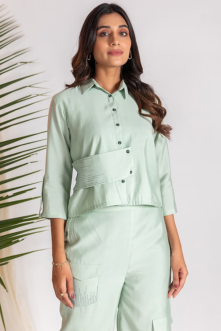 Light Green Chanderi Blend Embroidered Co-Ord Set by Savaaya at Pernia's Pop Up Shop