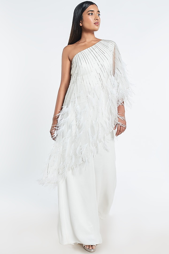 White Embroidered Cape Jumpsuit by Shivani Awasty
