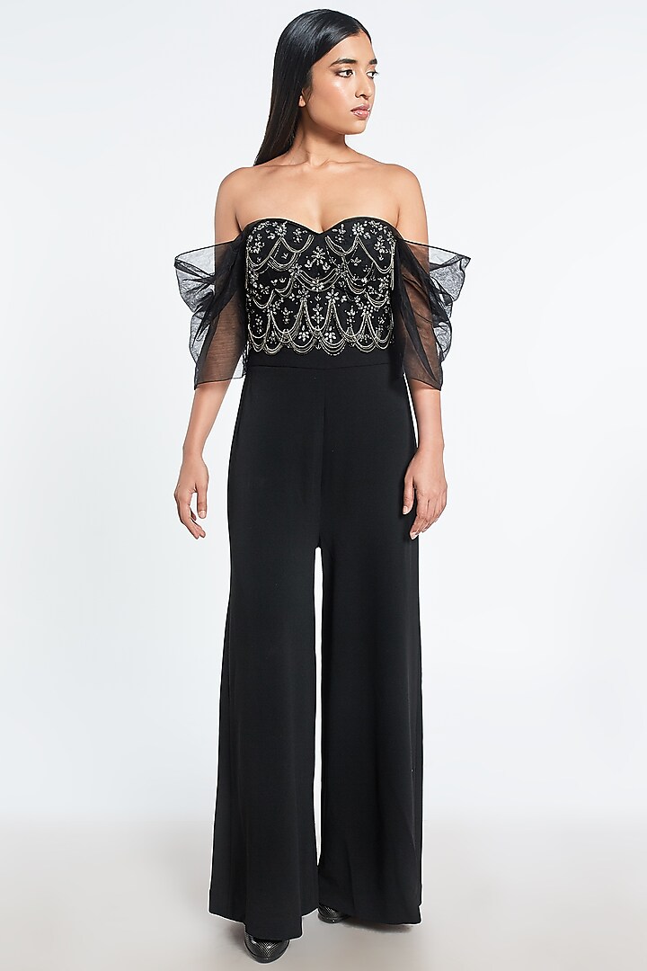 Black Corset Embroidered Jumpsuit by Shivani Awasty
