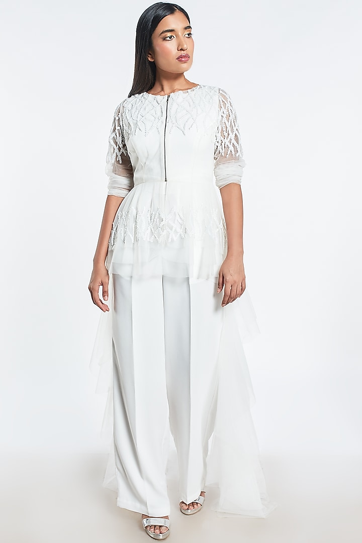 White Ruffled Cape With Jumpsuit by Shivani Awasty at Pernia's Pop Up Shop