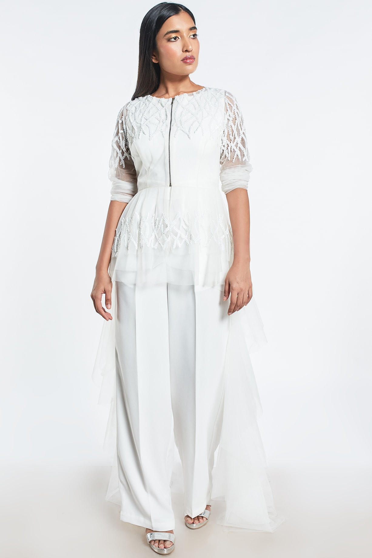 White Ruffled Cape With Jumpsuit by Shivani Awasty at Pernia's Pop