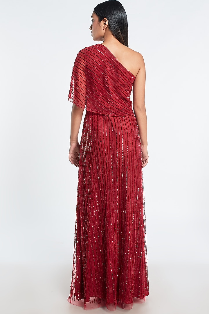 Red Embroidered Cape Gown by Shivani Awasty at Pernia's Pop Up Shop