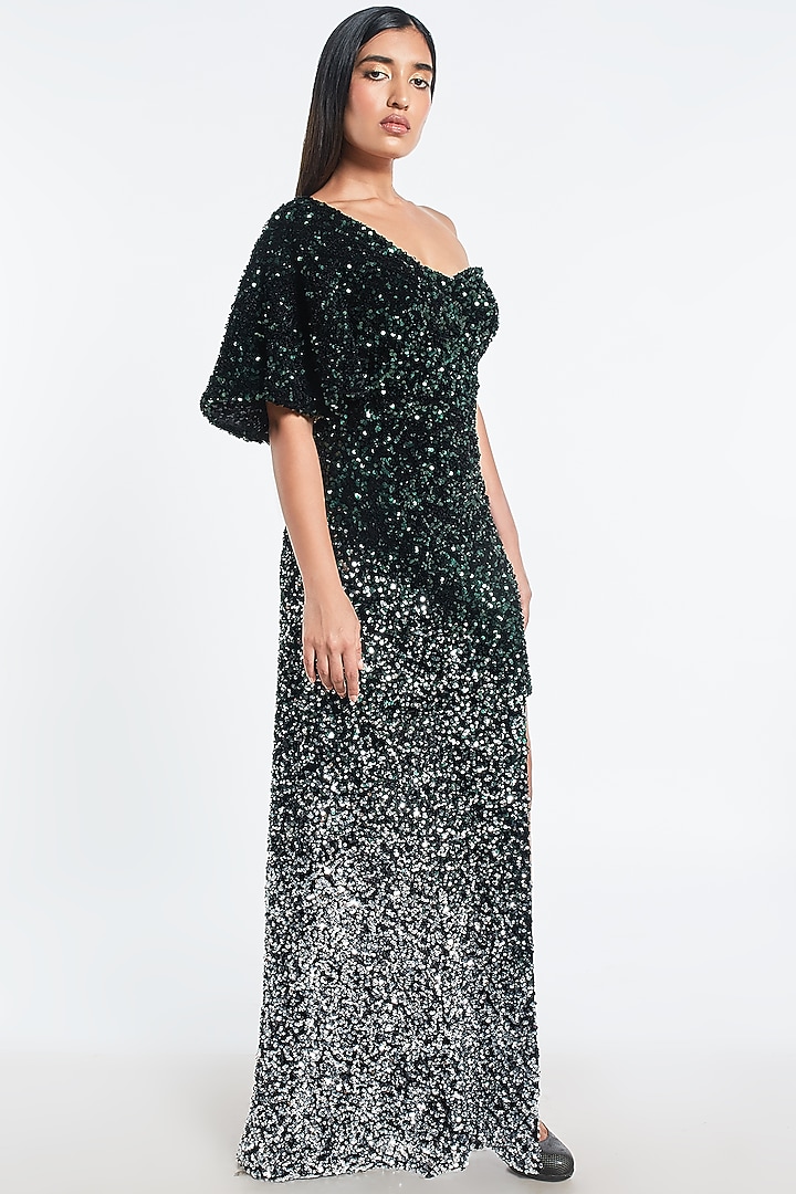 Emerald Green & Silver Ombre Sequins Gown by Shivani Awasty at Pernia's Pop Up Shop