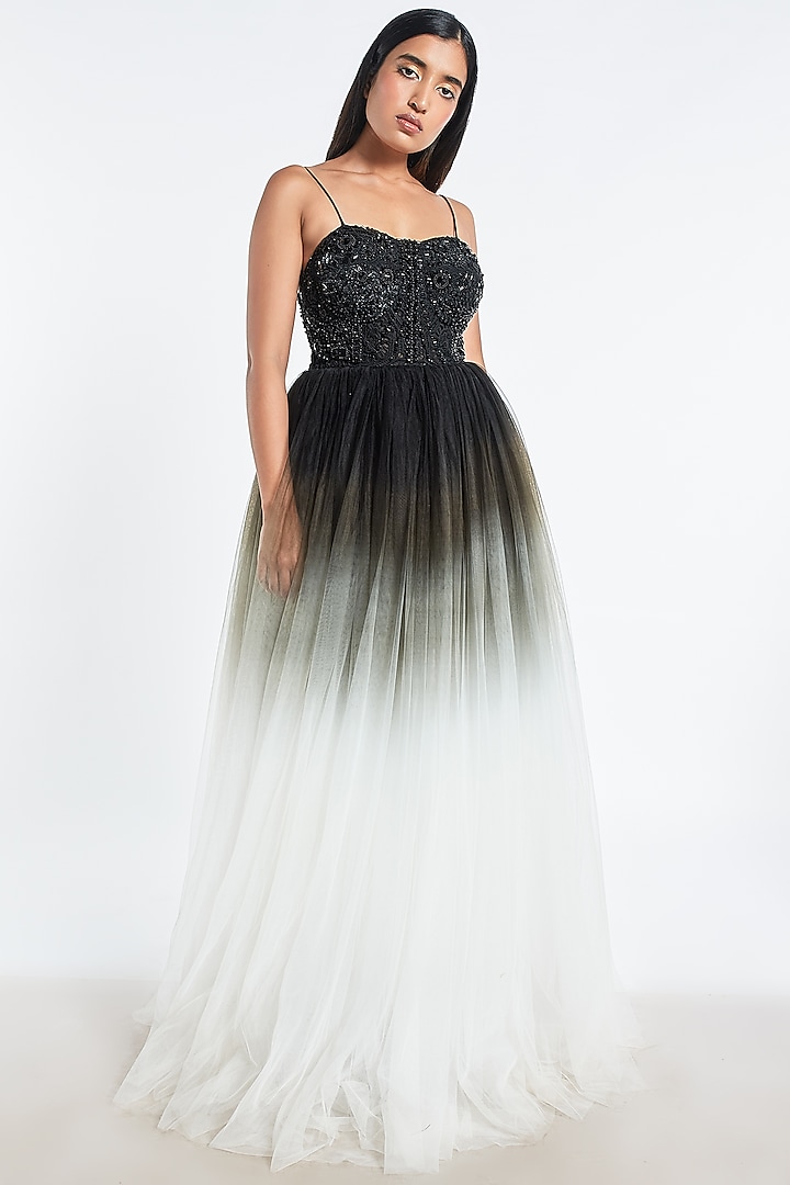 Black & White Ombre Embroidered Gown by Shivani Awasty
