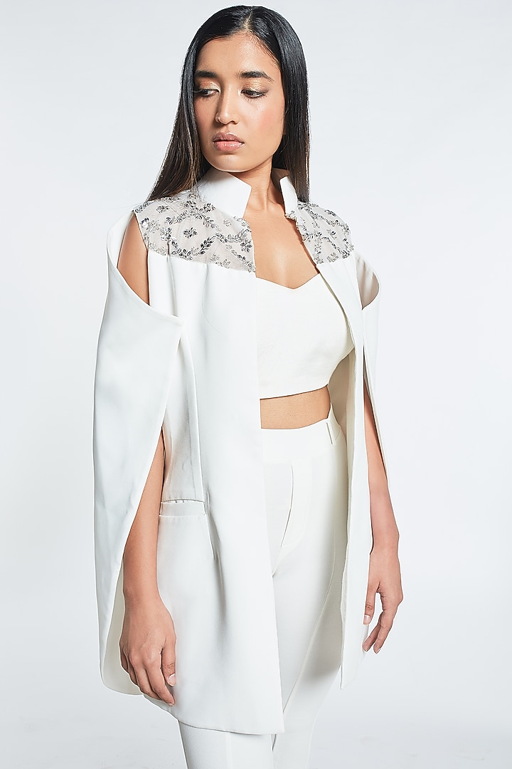 White Embroidered Cape With Bralet by Shivani Awasty at Pernia's Pop Up Shop