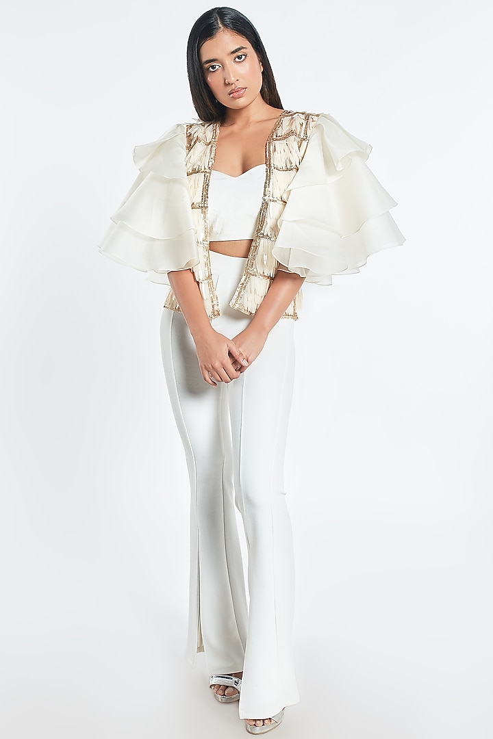 Off White Sequins Cape by Shivani Awasty
