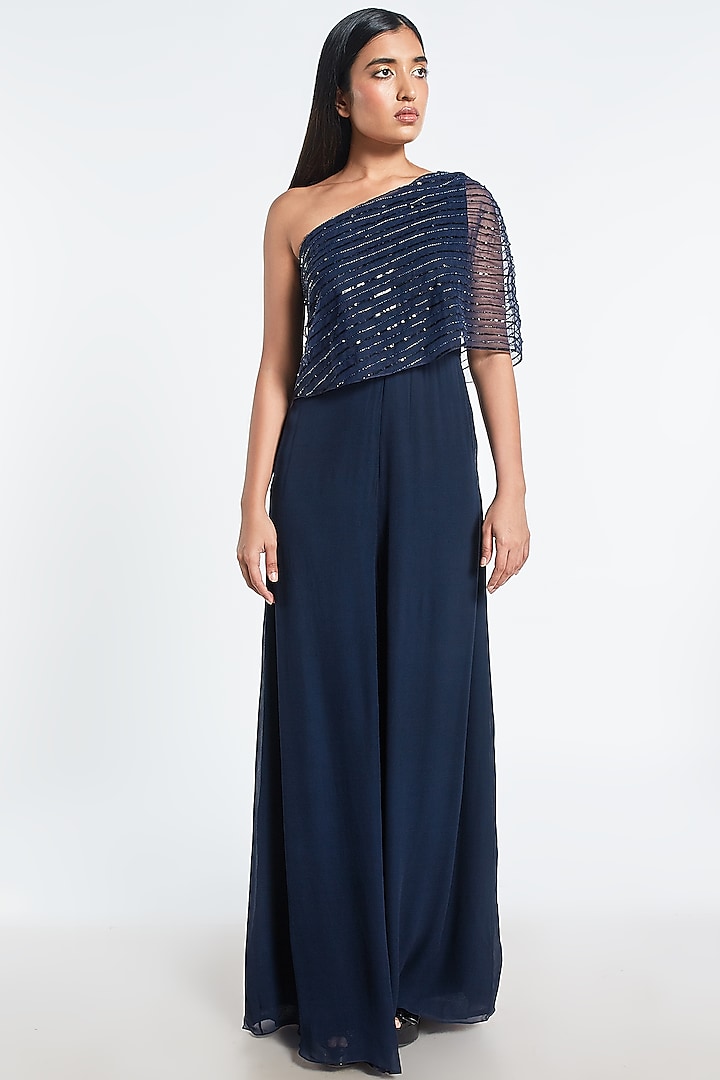 Navy Blue One Shoulder Cape Jumpsuit by Shivani Awasty