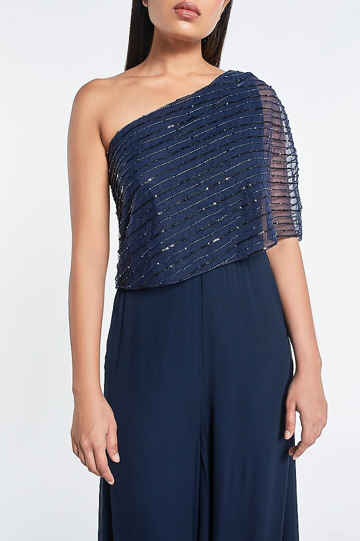 Navy Blue One Shoulder Cape Jumpsuit by Shivani Awasty at Pernia's Pop Up Shop