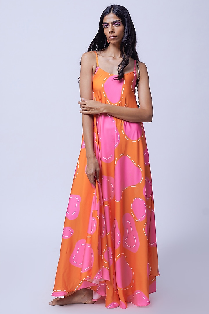 Orange Satin Digital Printed Dress by SAZO