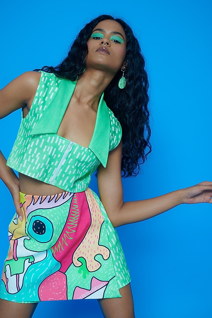 Mint Green Printed Crop Jacket by SAZO at Pernia's Pop Up Shop
