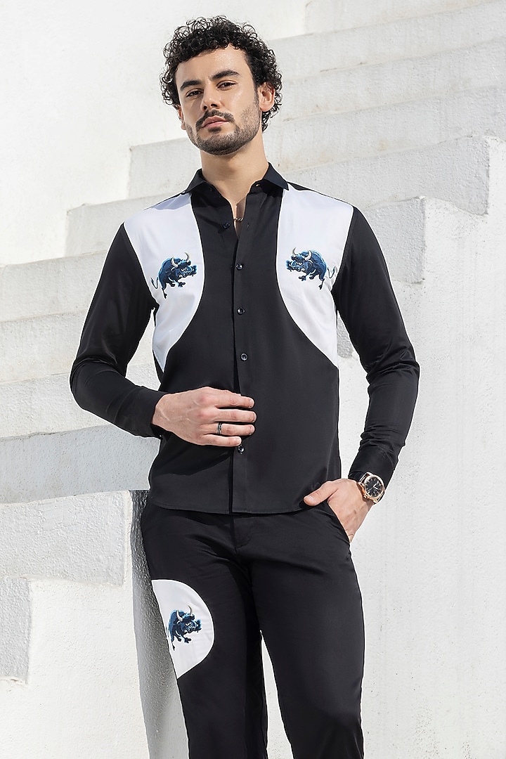 Black Giza Cotton Motif Embroidered Shirt by Sazvit