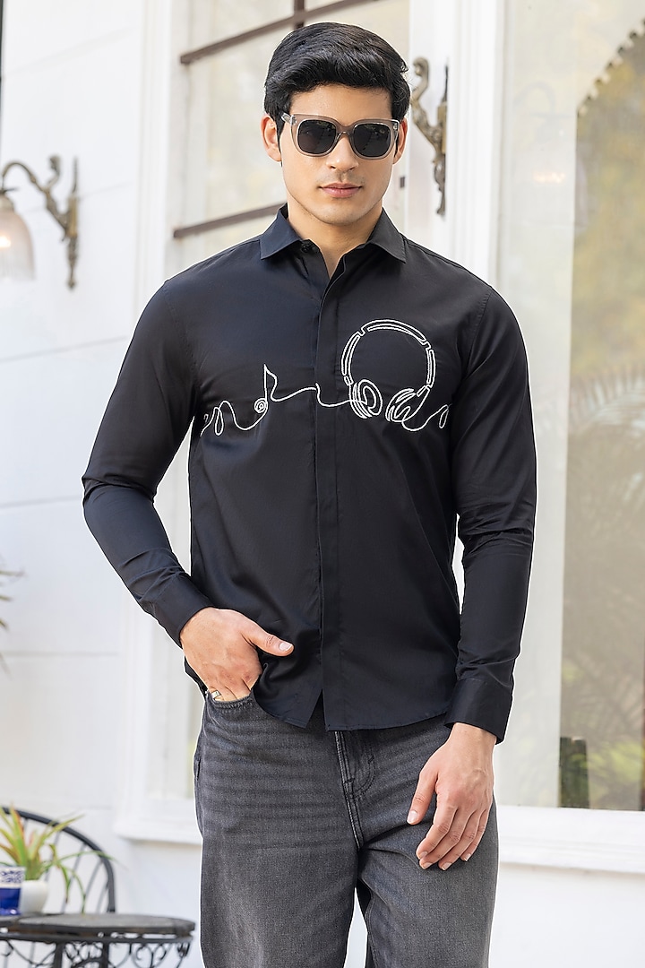 Black Giza Cotton Embroidered Shirt by Sazvit