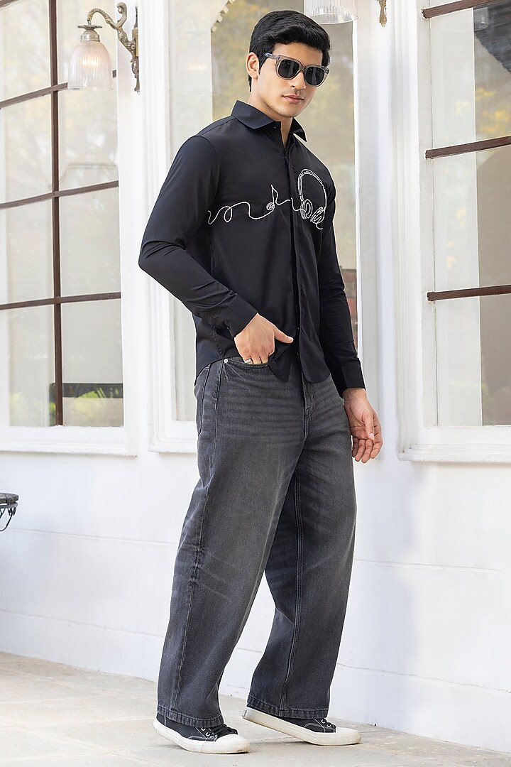 Black Giza Cotton Embroidered Summer Shirt by Sazvit at Pernia's Pop Up Shop