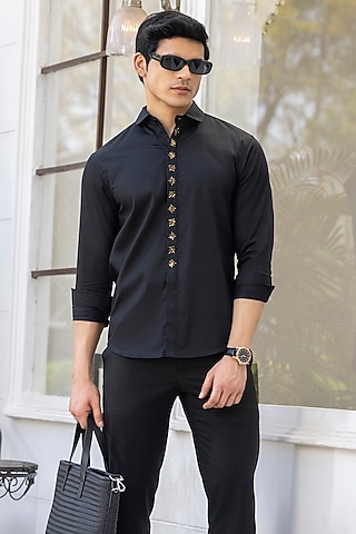 Black Giza Cotton Embroidered Shirt by Sazvit