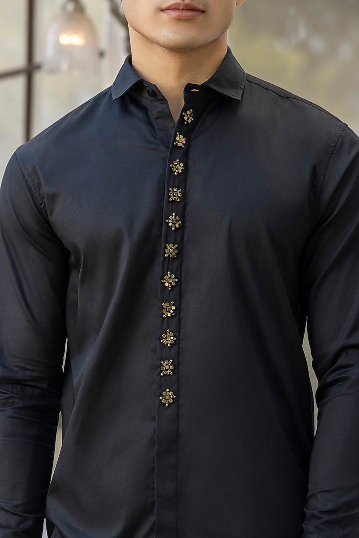Black Giza Cotton Embroidered Summer Shirt by Sazvit at Pernia's Pop Up Shop