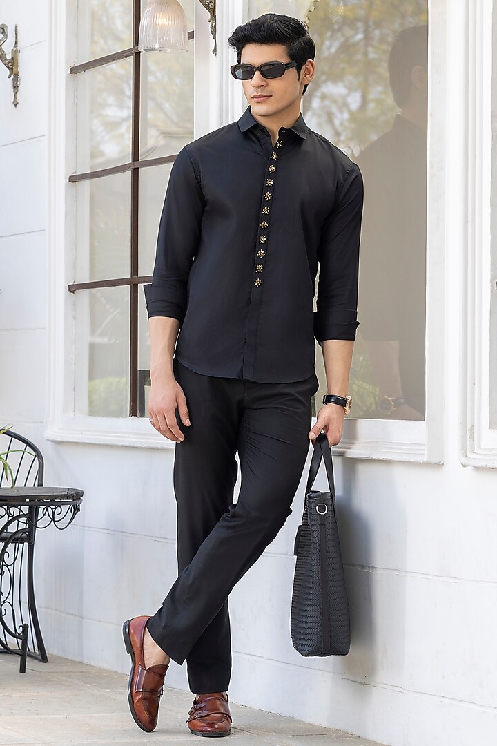 Black Giza Cotton Embroidered Summer Shirt by Sazvit at Pernia's Pop Up Shop