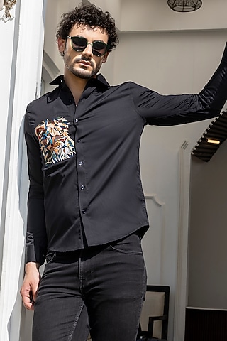 Black Giza Cotton Embroidered Shirt by Sazvit