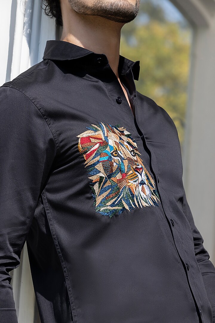 Black Giza Cotton Embroidered Party Wear Shirt by Sazvit at Pernia's Pop Up Shop