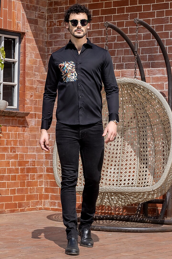 Black Giza Cotton Embroidered Party Wear Shirt by Sazvit at Pernia's Pop Up Shop