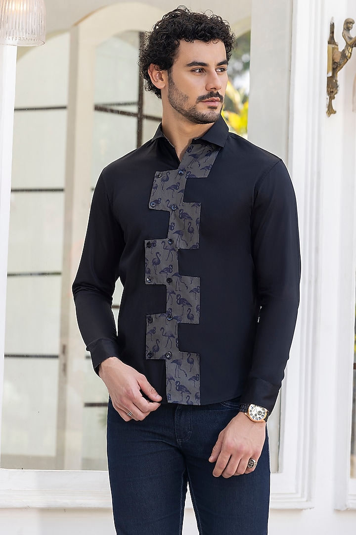Black Giza Cotton Motif Embroidered Shirt by Sazvit