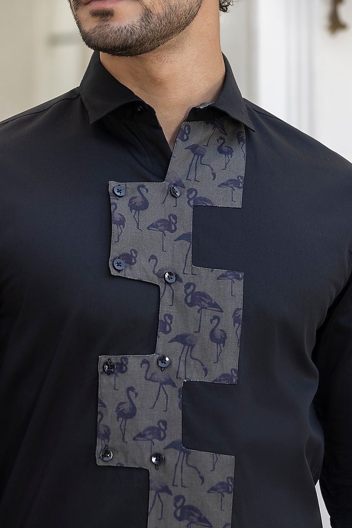 Black Giza Cotton Motif Embroidered Summer Shirt by Sazvit at Pernia's Pop Up Shop