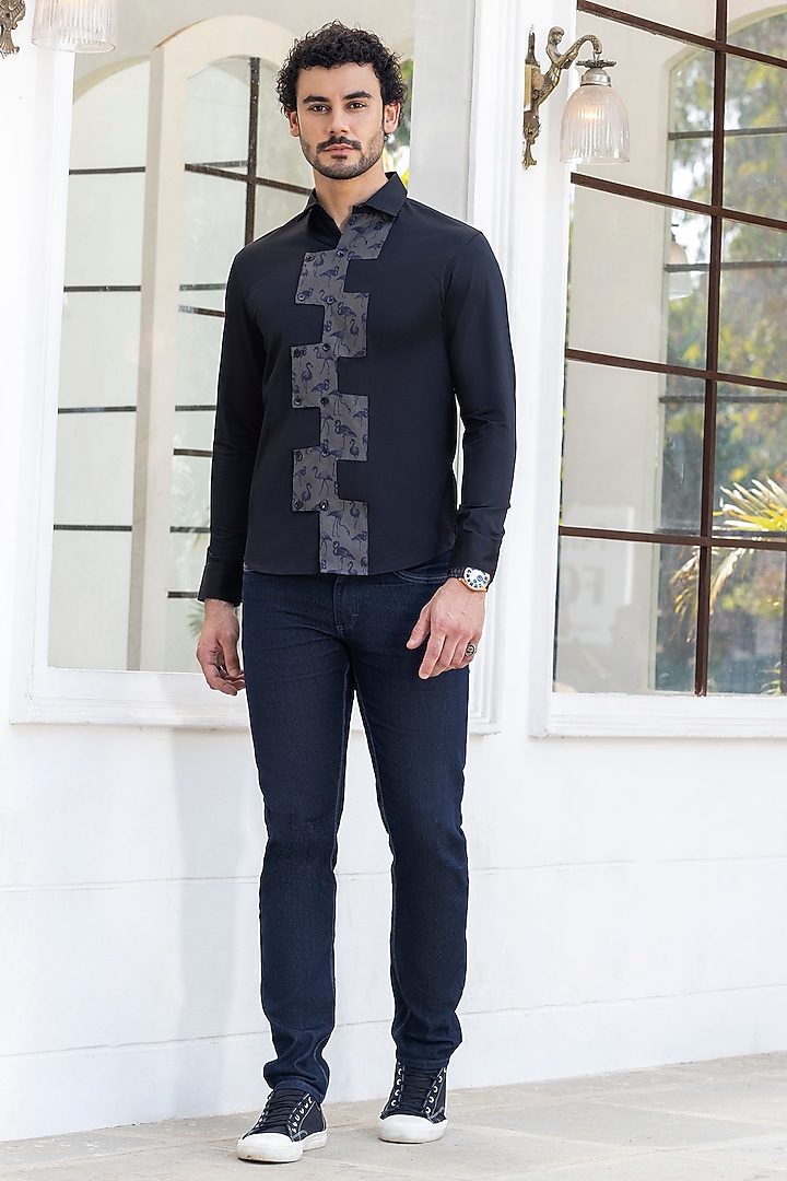Black Giza Cotton Motif Embroidered Summer Shirt by Sazvit at Pernia's Pop Up Shop