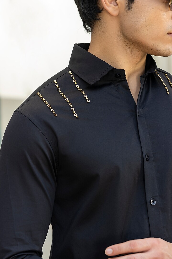 Black Giza Cotton Embroidered Summer Shirt by Sazvit at Pernia's Pop Up Shop