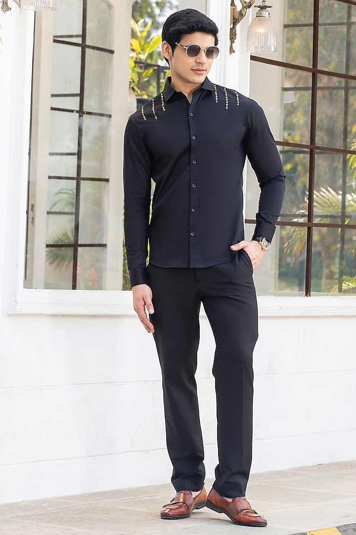 Black Giza Cotton Embroidered Summer Shirt by Sazvit at Pernia's Pop Up Shop