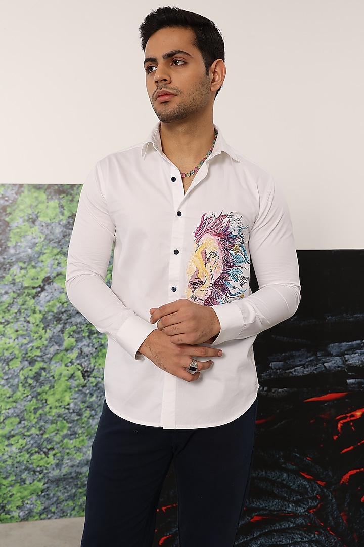 White Premium Giza Cotton Embroidered Party Wear Shirt by Sazvit at Pernia's Pop Up Shop