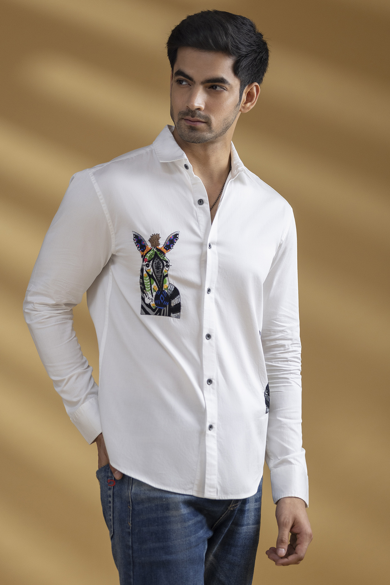 White Premium Giza Cotton Hand Embroidered Shirt by Sazvit