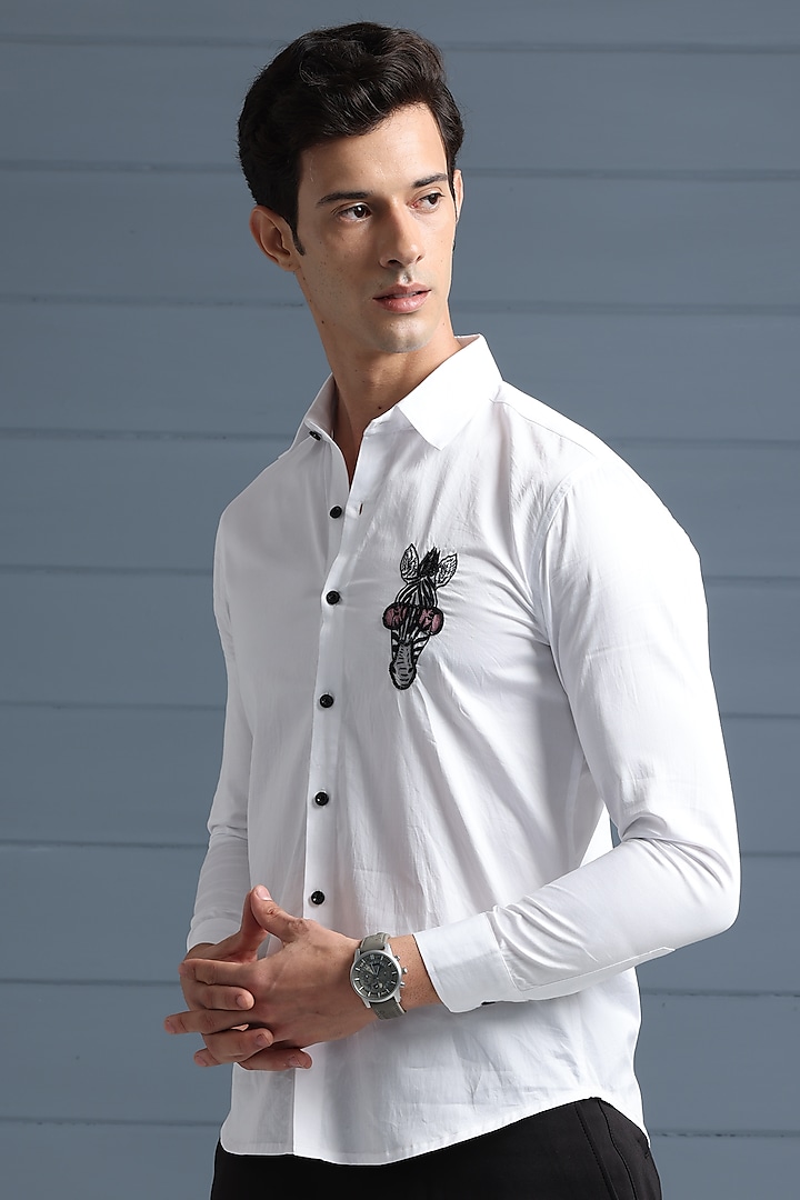 White Giza Cotton Embroidered Shirt by Sazvit at Pernia's Pop Up Shop