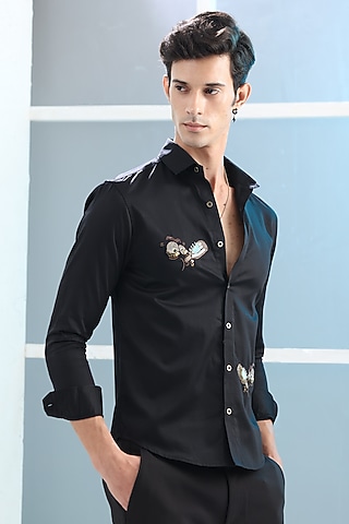 Black Giza Cotton Embroidered Shirt by Sazvit