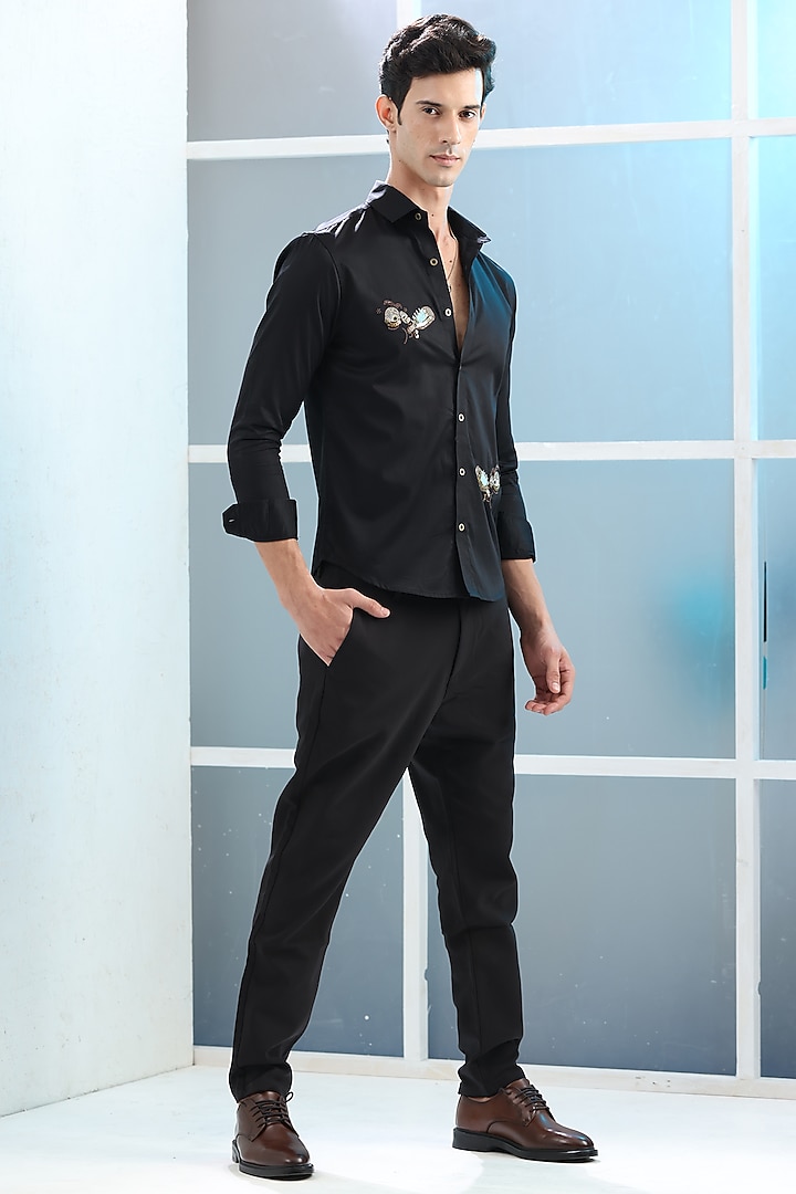 Black Giza Cotton Embroidered Party Wear Shirt by Sazvit at Pernia's Pop Up Shop