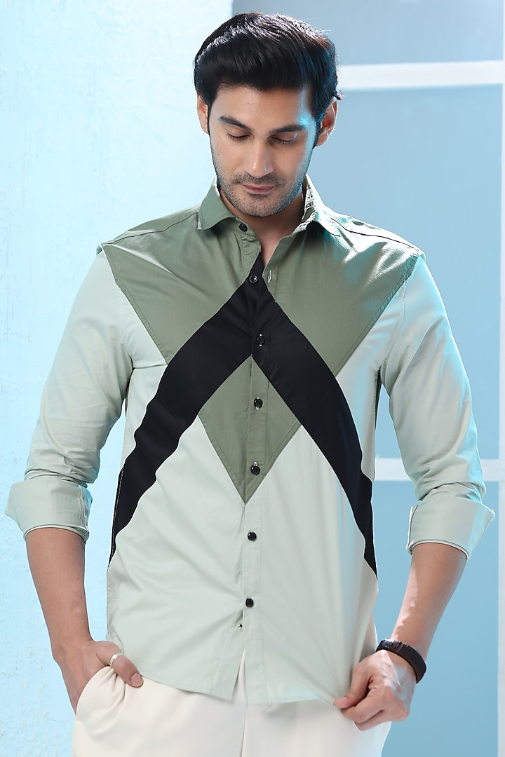 Green Giza Cotton & Linen Printed Shirt by Sazvit