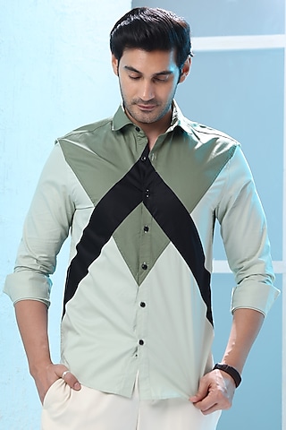 Green Giza Cotton & Linen Printed Shirt by Sazvit